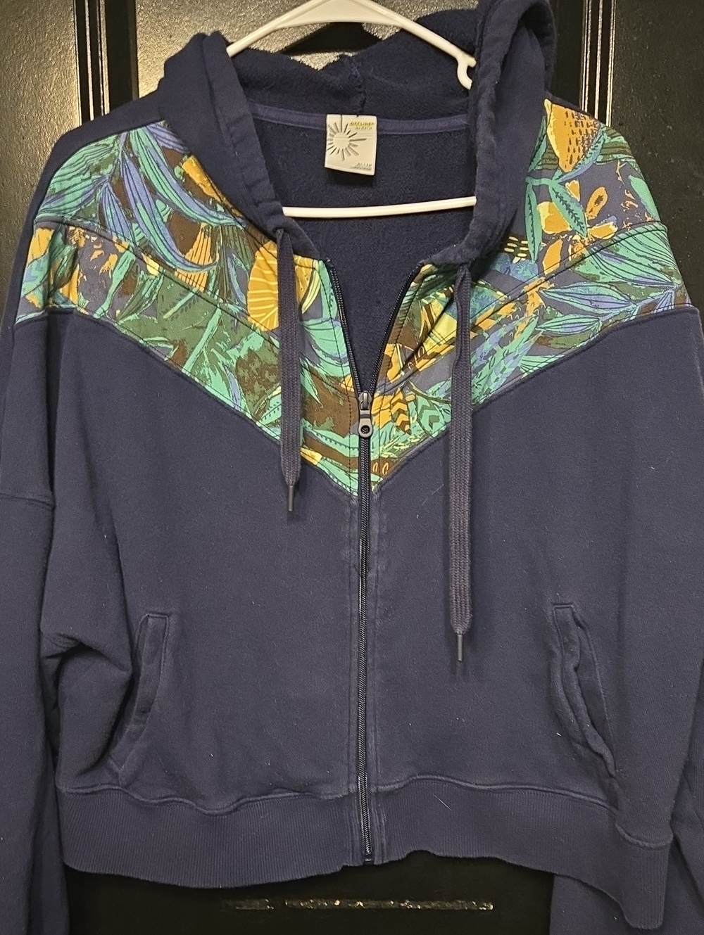 Offline By Aerie Navy Zip-Up Hoodie with Tropical Print Yoke